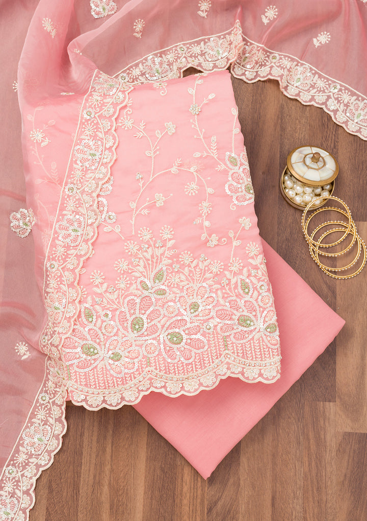 Pink Sequins Organza Unstitched Salwar Suit