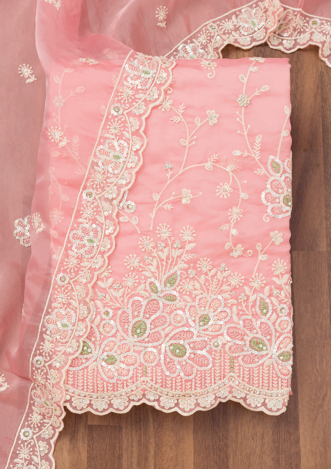 Pink Sequins Organza Unstitched Salwar Suit