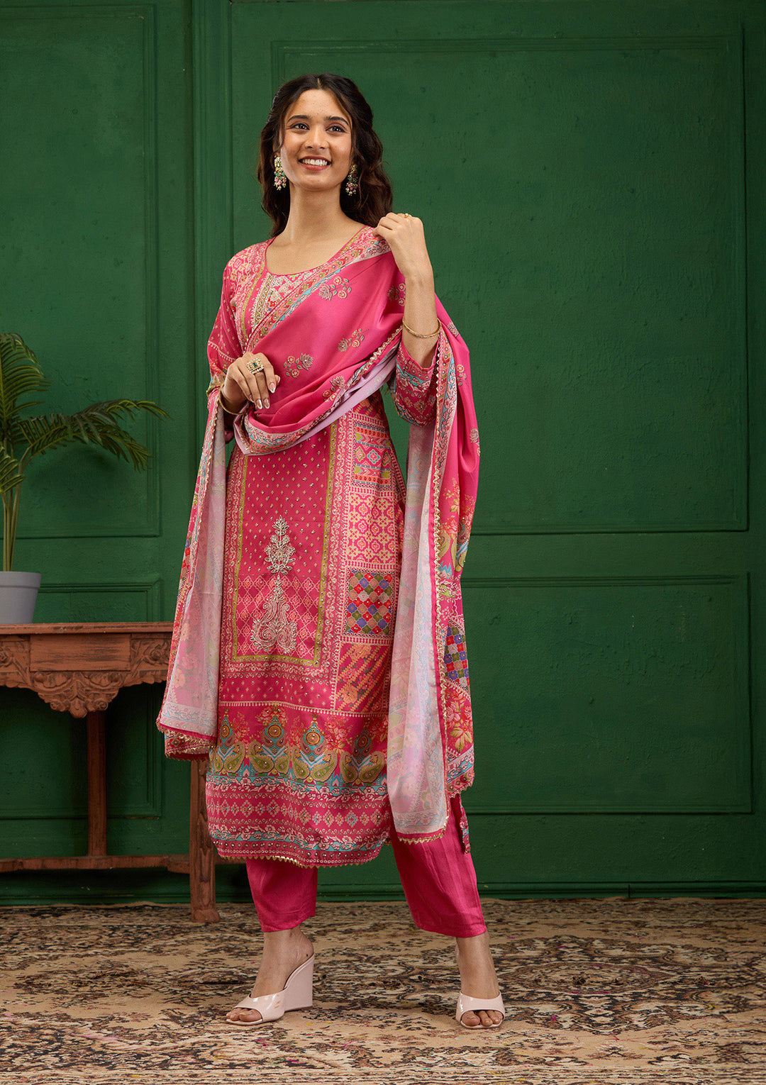 Pink Stonework Semi Crepe Readymade Salwar Suit