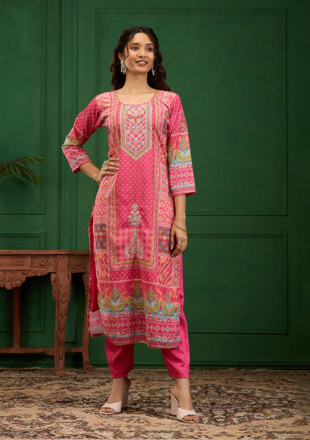 Pink Stonework Semi Crepe Readymade Salwar Suit