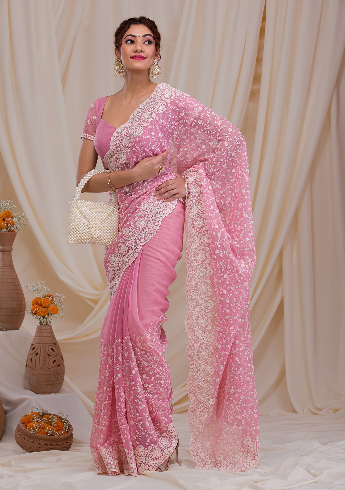 Buy Pink Threadwork Chiffon Saree - Koskii