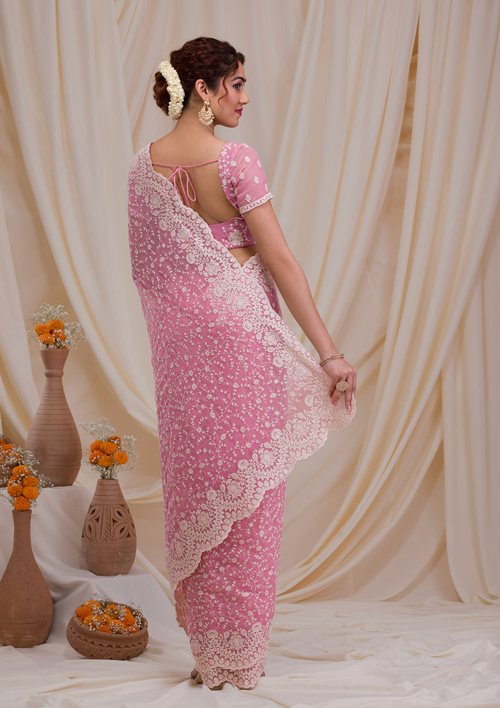 Pink Threadwork Chiffon Saree