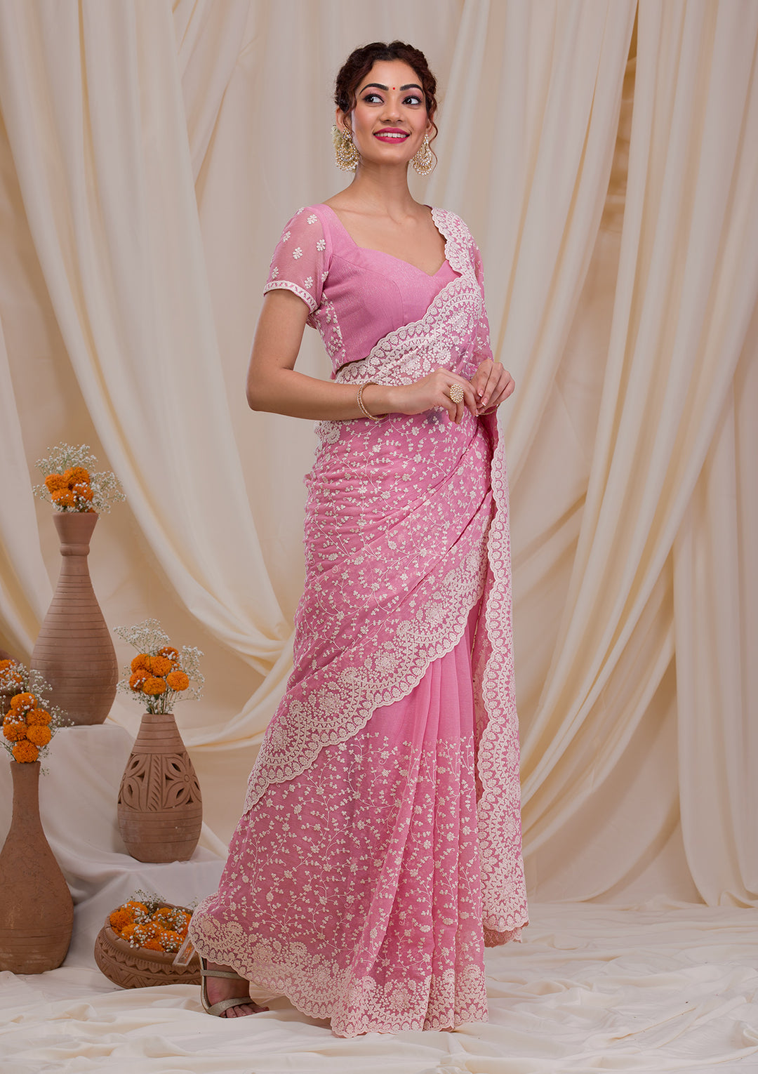 Pink Threadwork Chiffon Saree