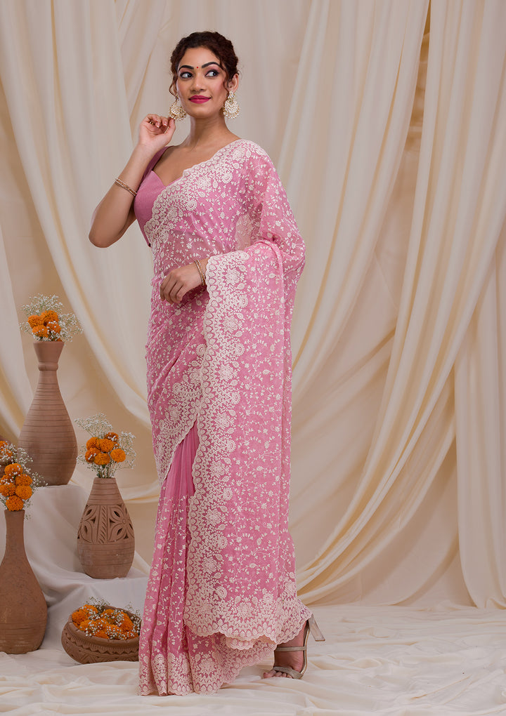Pink Threadwork Chiffon Saree
