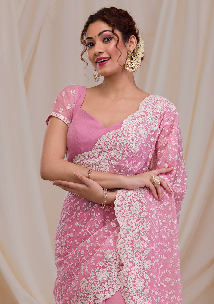 Pink Threadwork Chiffon Saree