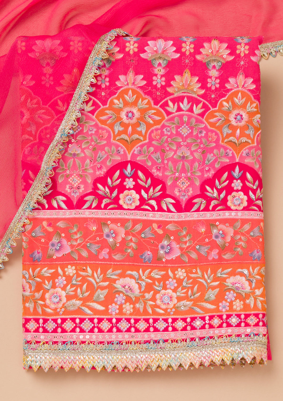 Pink Threadwork Georgette Unstitched Salwar Suit