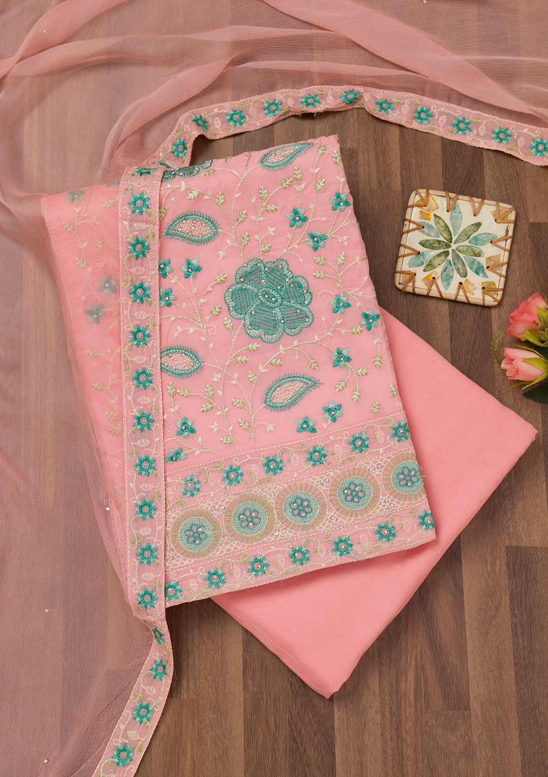 Pink Threadwork Georgette Unstitched Salwar Suit