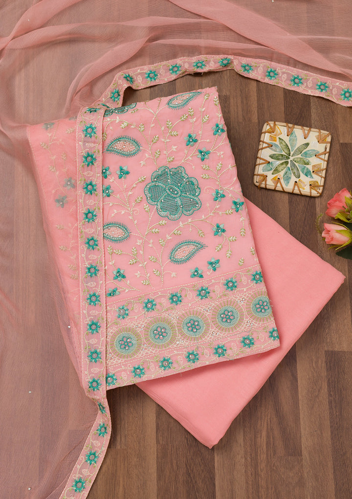 Pink Threadwork Georgette Unstitched Salwar Suit