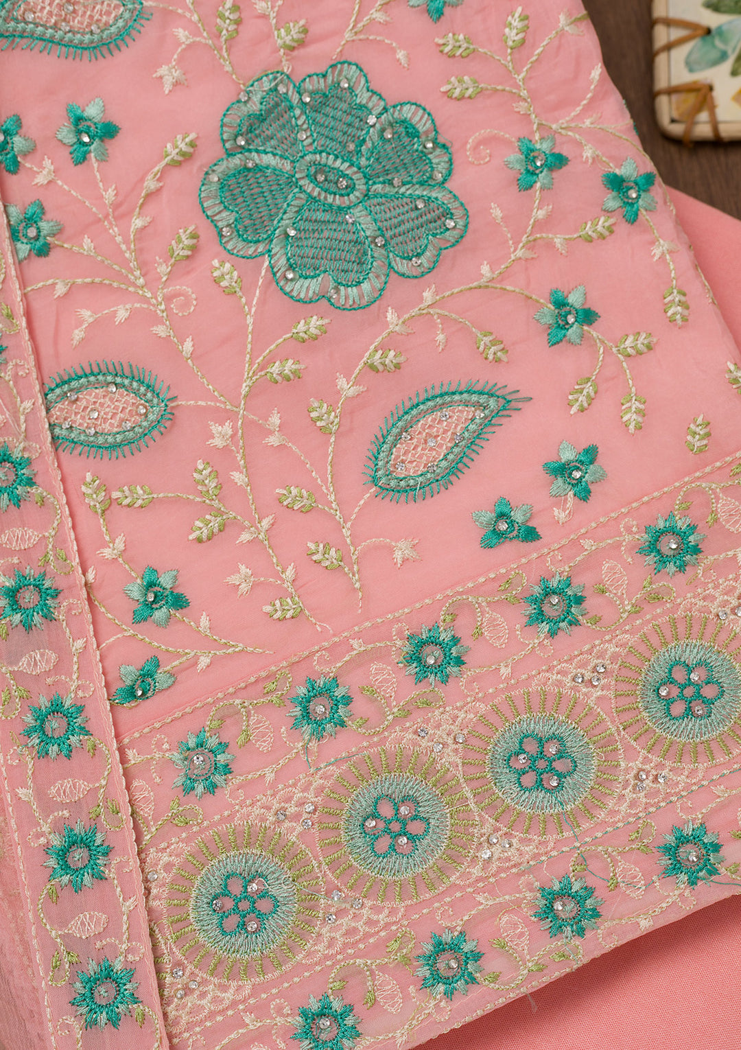 Pink Threadwork Georgette Unstitched Salwar Suit