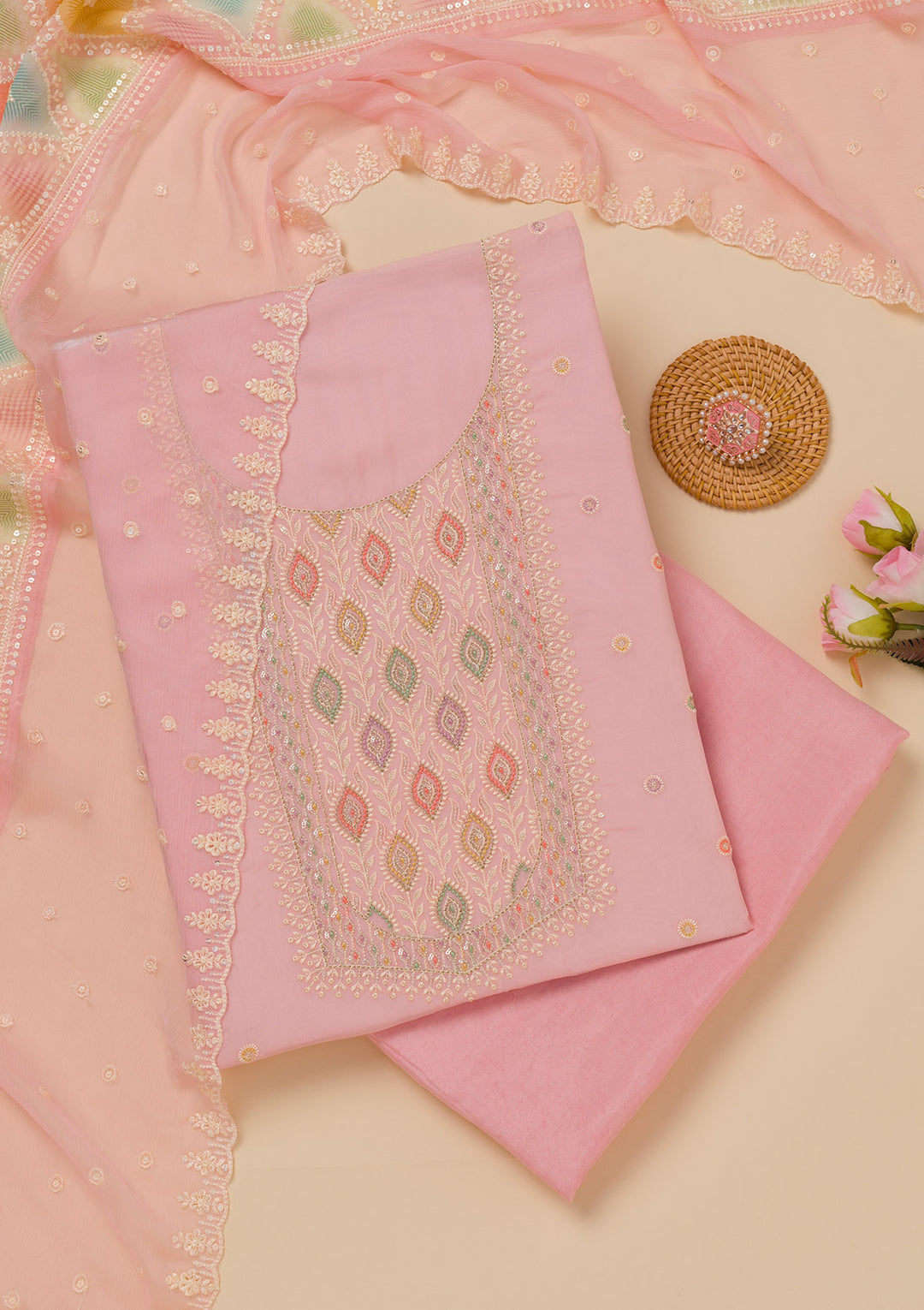 Pink Threadwork Georgette Unstitched Salwar Suit