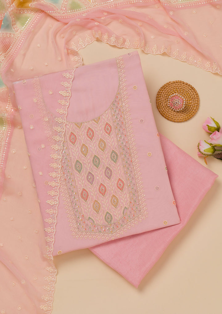 Pink Threadwork Georgette Unstitched Salwar Suit