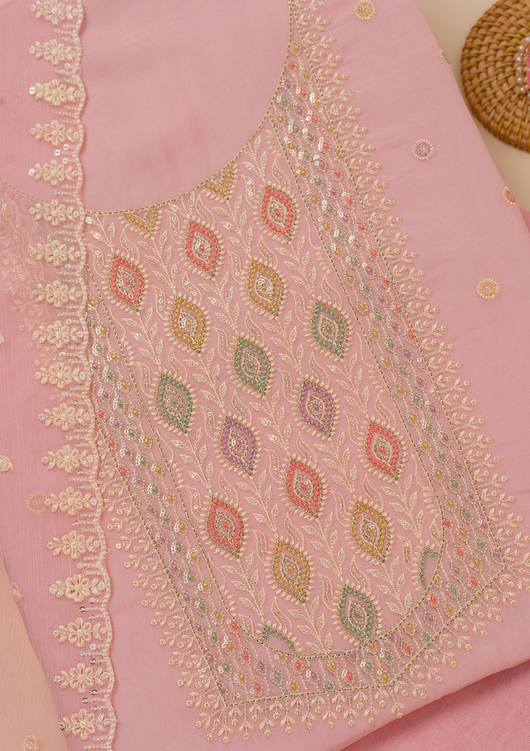 Pink Threadwork Georgette Unstitched Salwar Suit
