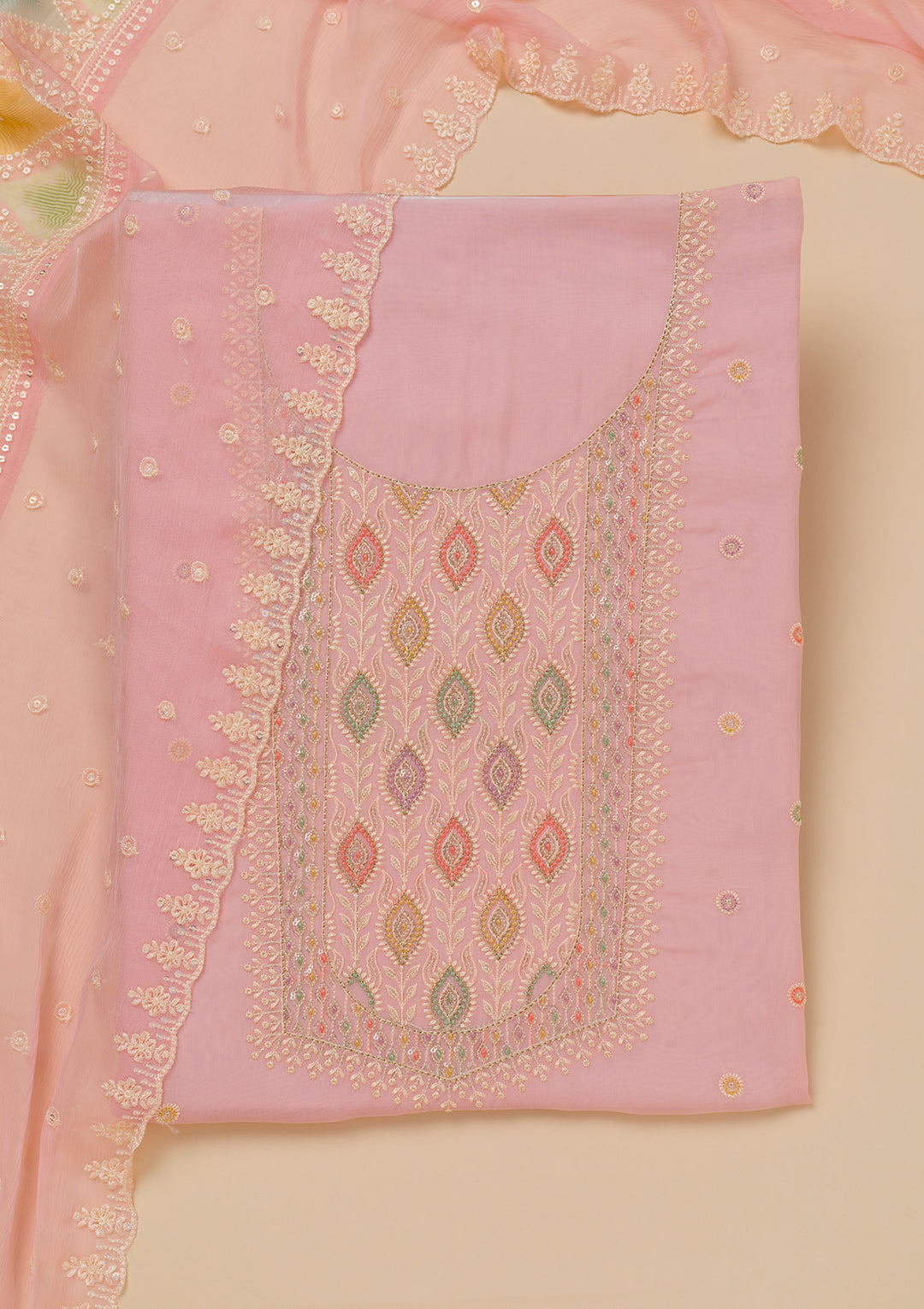 Pink Threadwork Georgette Unstitched Salwar Suit