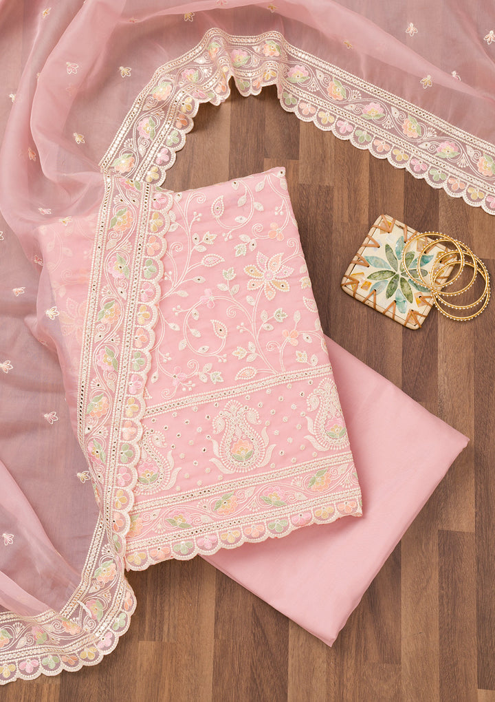 Pink Threadwork Organza Unstitched Salwar Suit