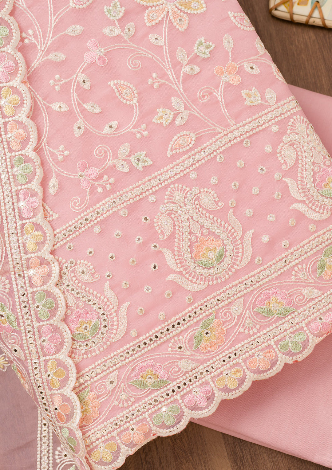 Pink Threadwork Organza Unstitched Salwar Suit