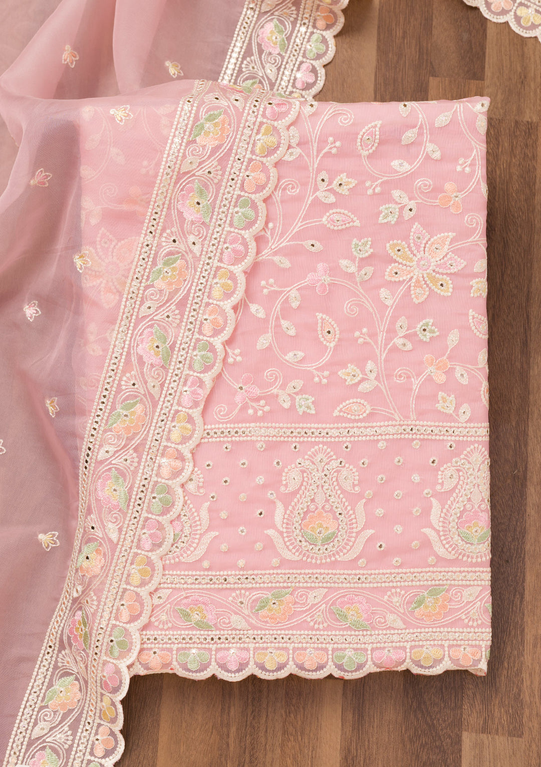 Pink Threadwork Organza Unstitched Salwar Suit
