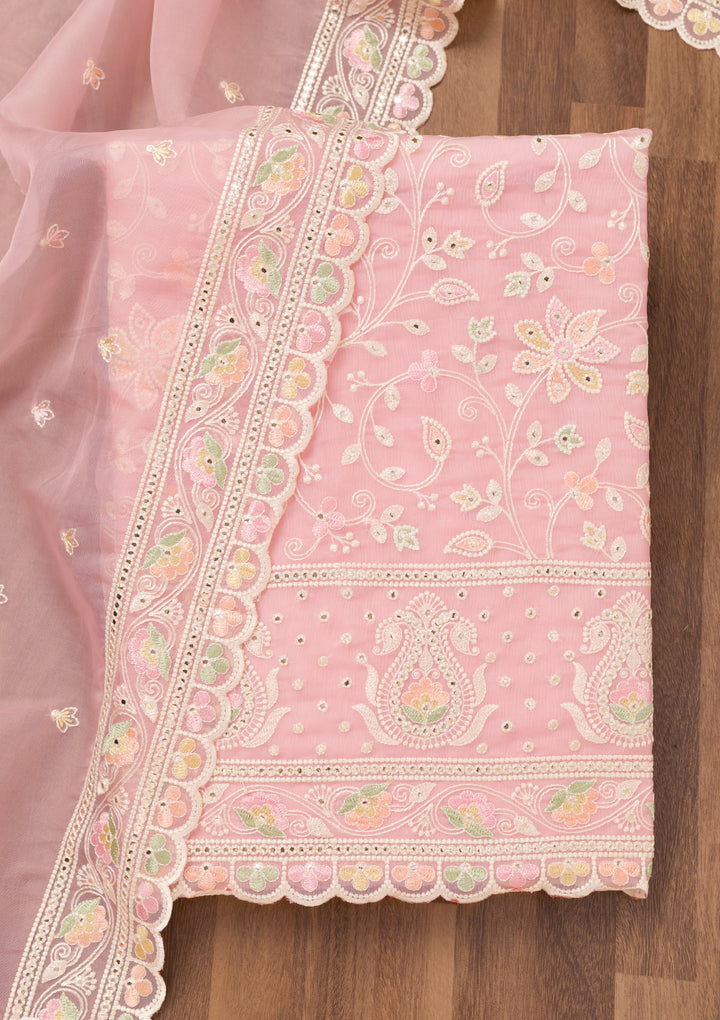 Pink Threadwork Organza Unstitched Salwar Suit