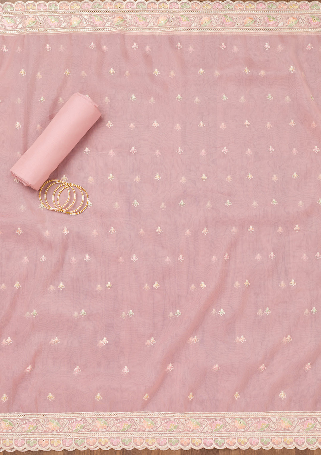 Pink Threadwork Organza Unstitched Salwar Suit