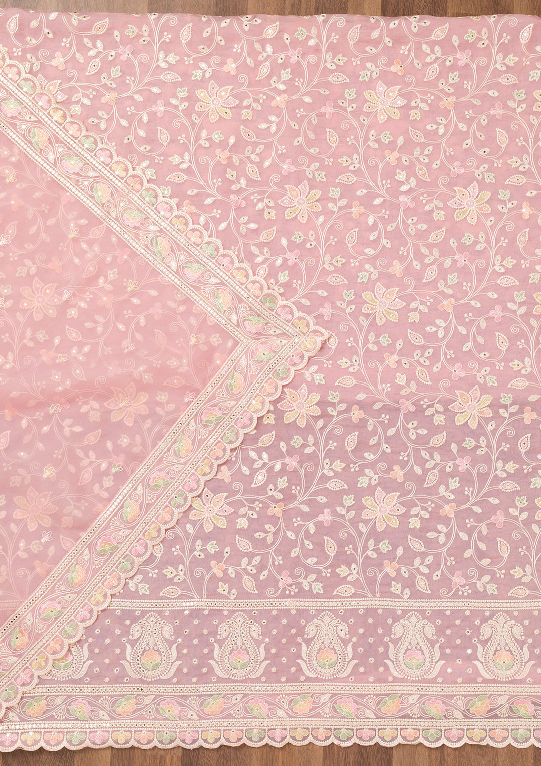 Pink Threadwork Organza Unstitched Salwar Suit