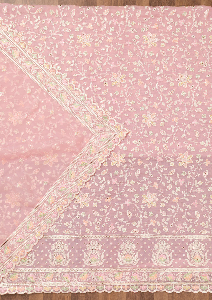 Pink Threadwork Organza Unstitched Salwar Suit