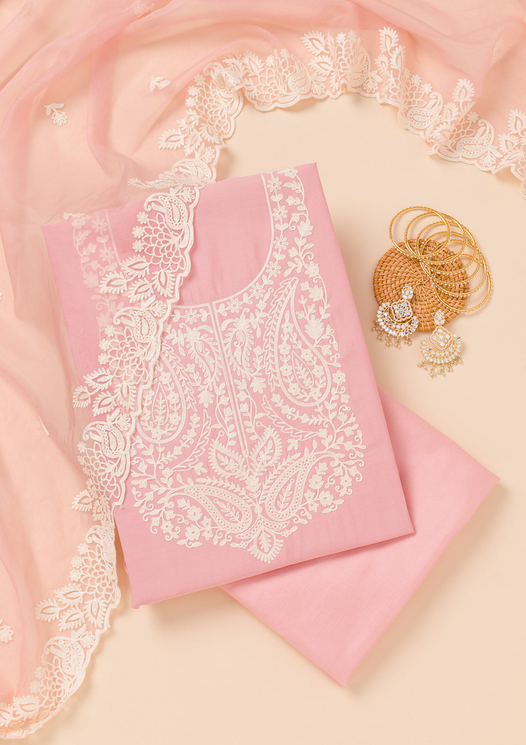 Pink Threadwork Semi Crepe Unstitched Salwar Suit