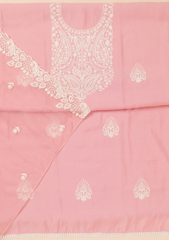 Pink Threadwork Semi Crepe Unstitched Salwar Suit