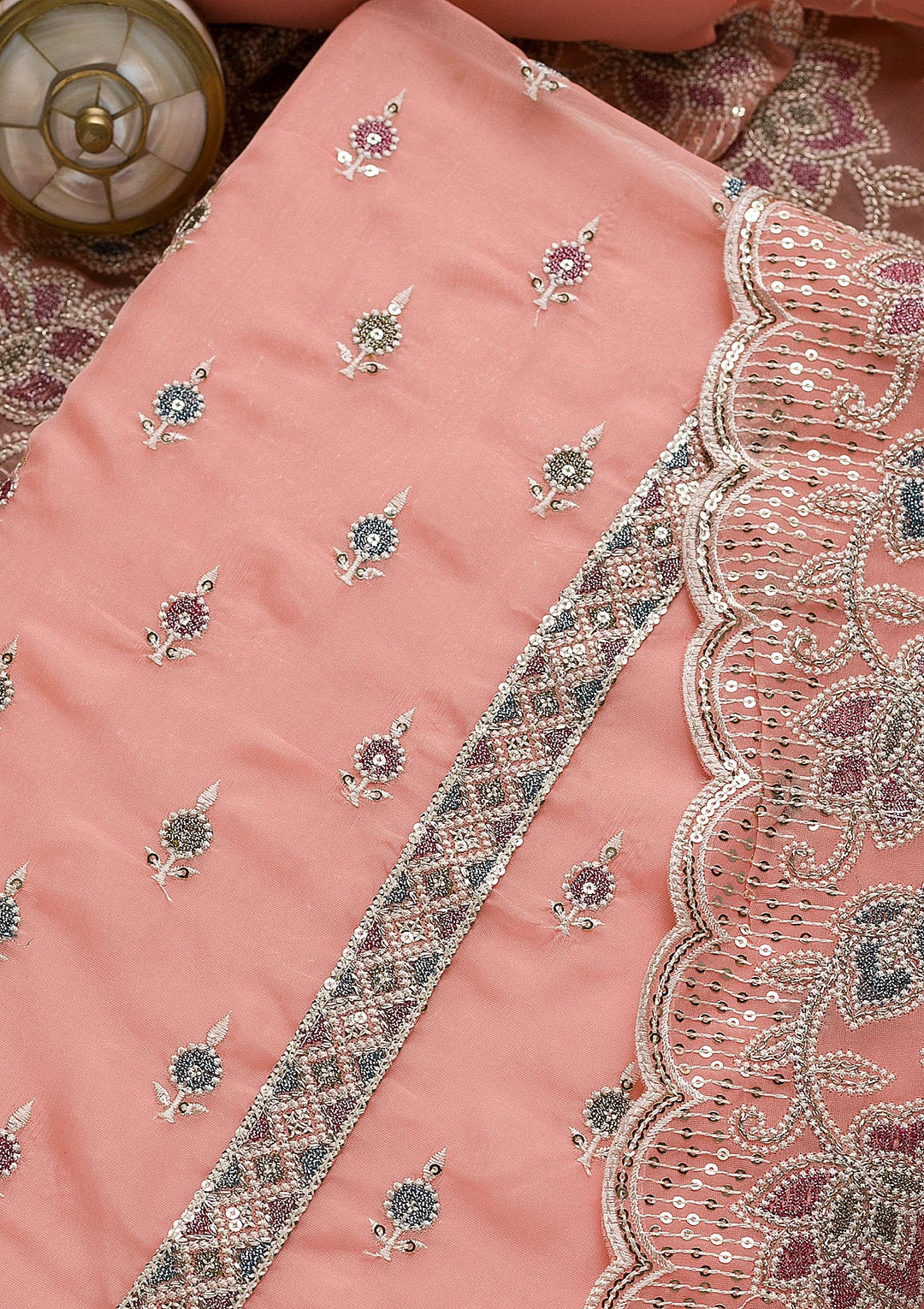 Peach Threadwork Tissue Unstitched Salwar Suit