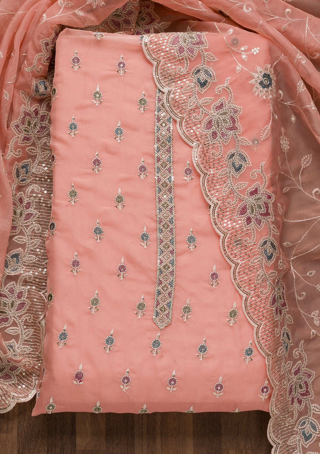 Peach Threadwork Tissue Unstitched Salwar Suit