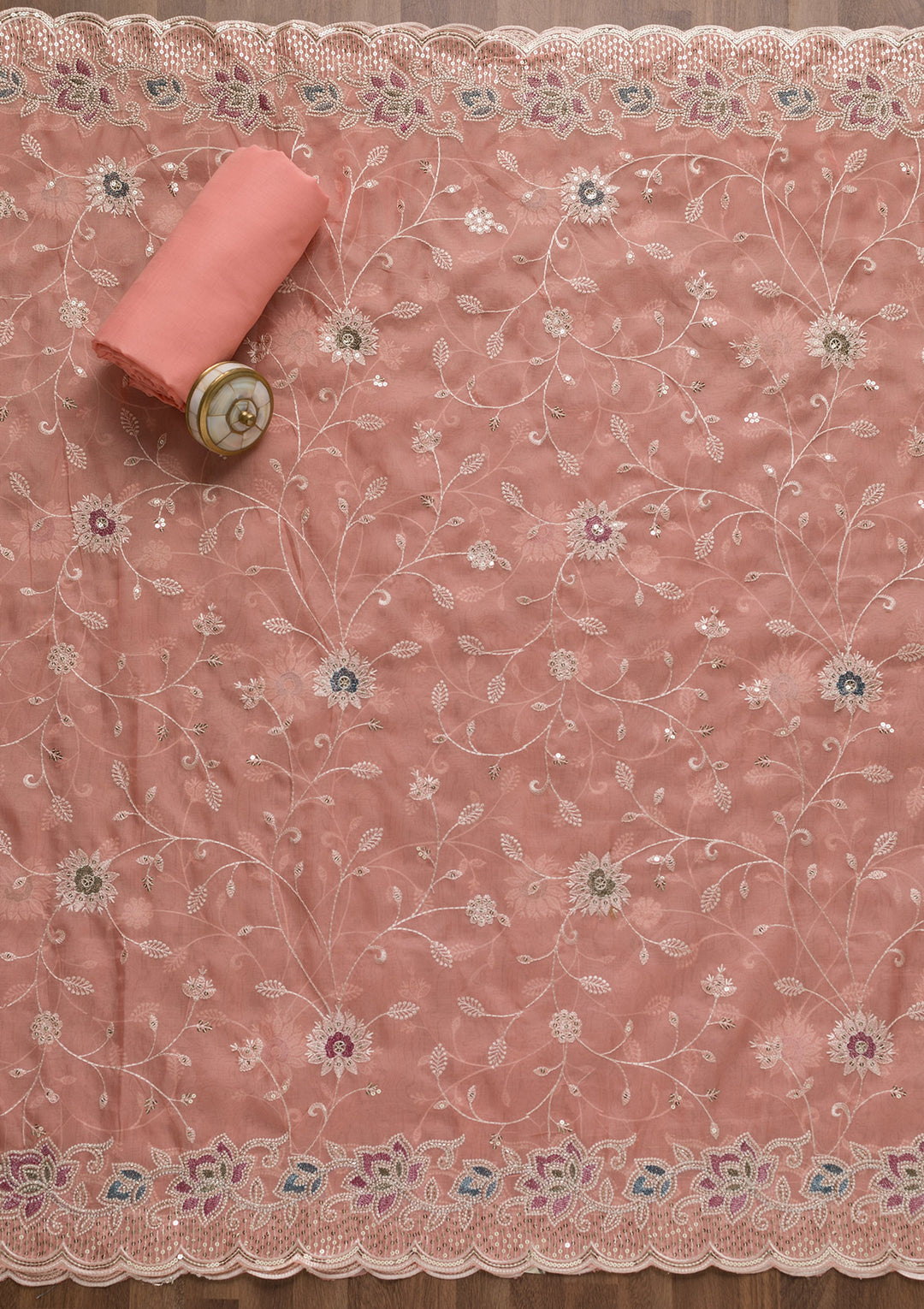 Peach Threadwork Tissue Unstitched Salwar Suit