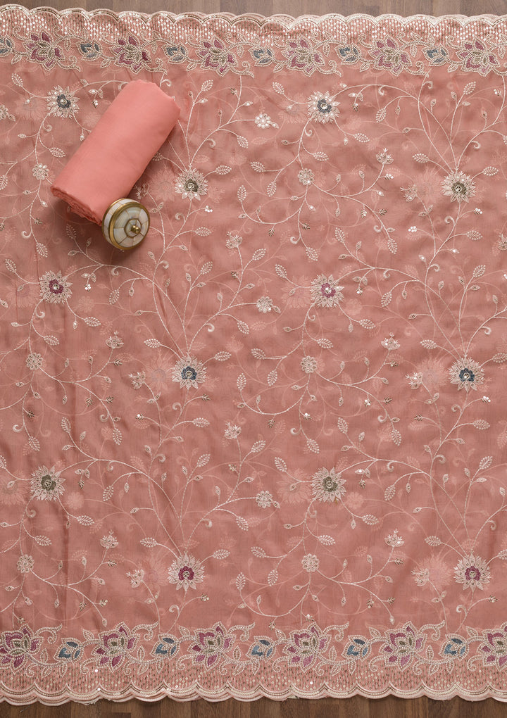 Peach Threadwork Tissue Unstitched Salwar Suit