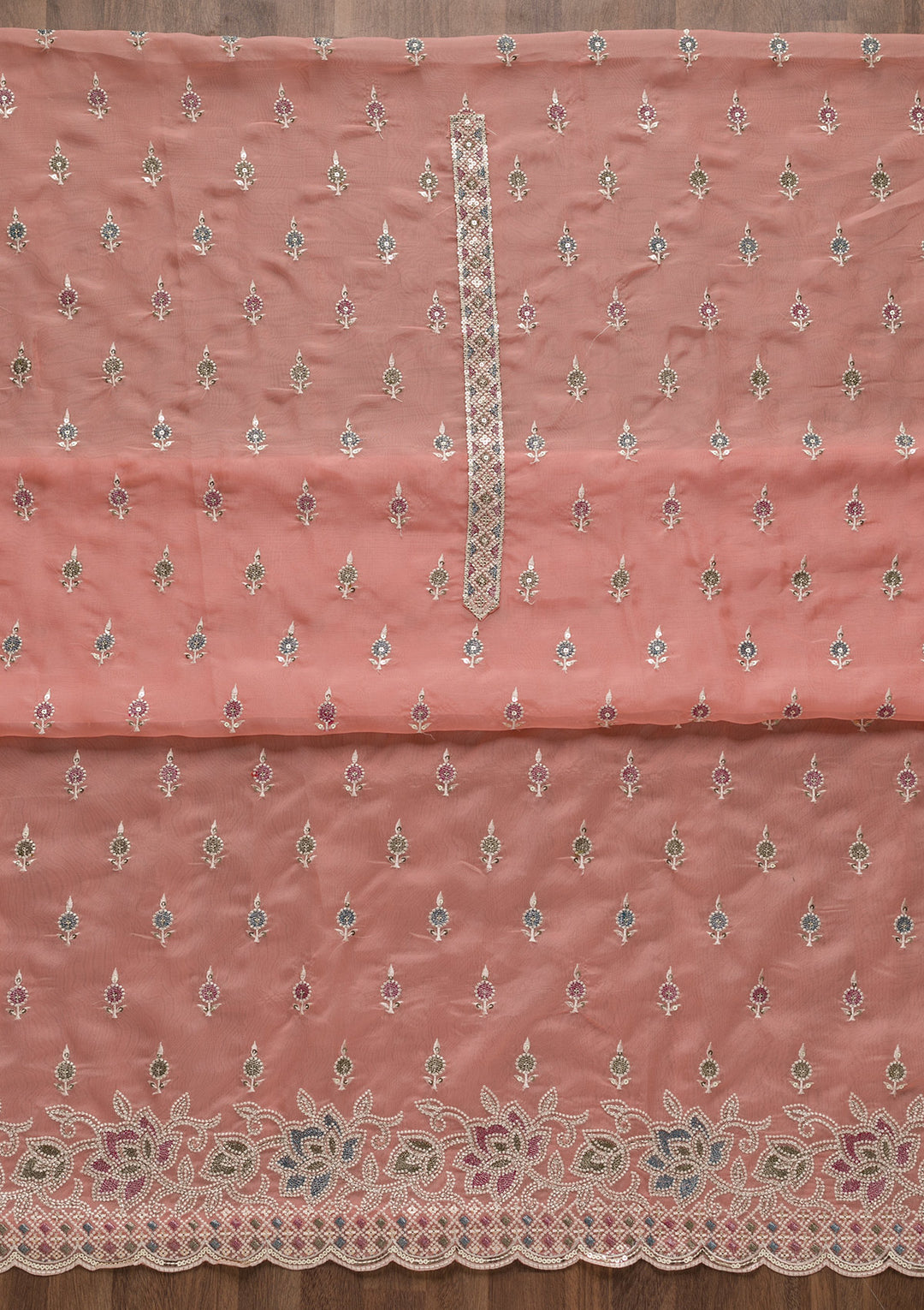 Peach Threadwork Tissue Unstitched Salwar Suit