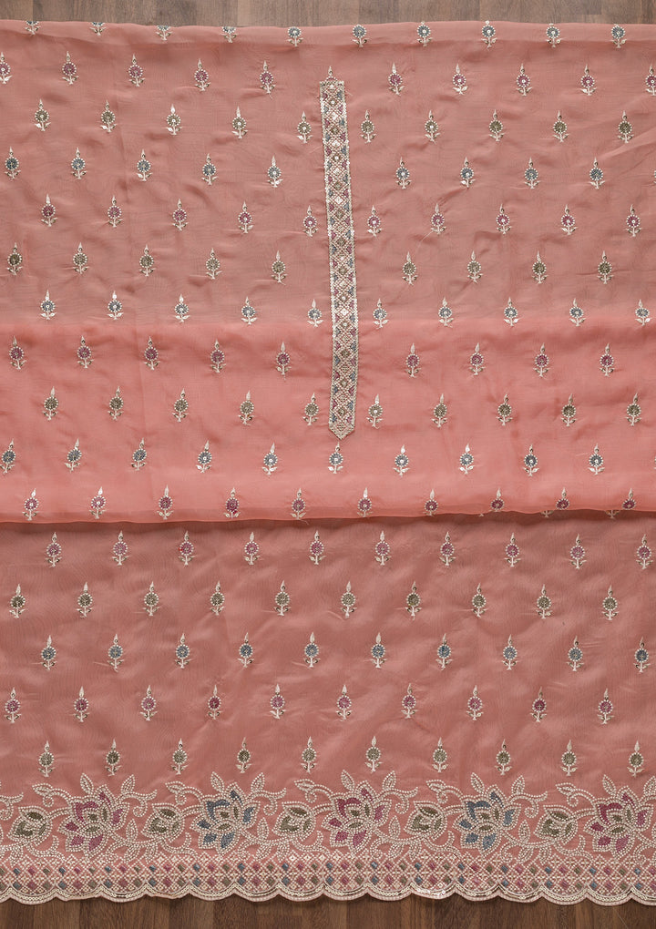 Peach Threadwork Tissue Unstitched Salwar Suit