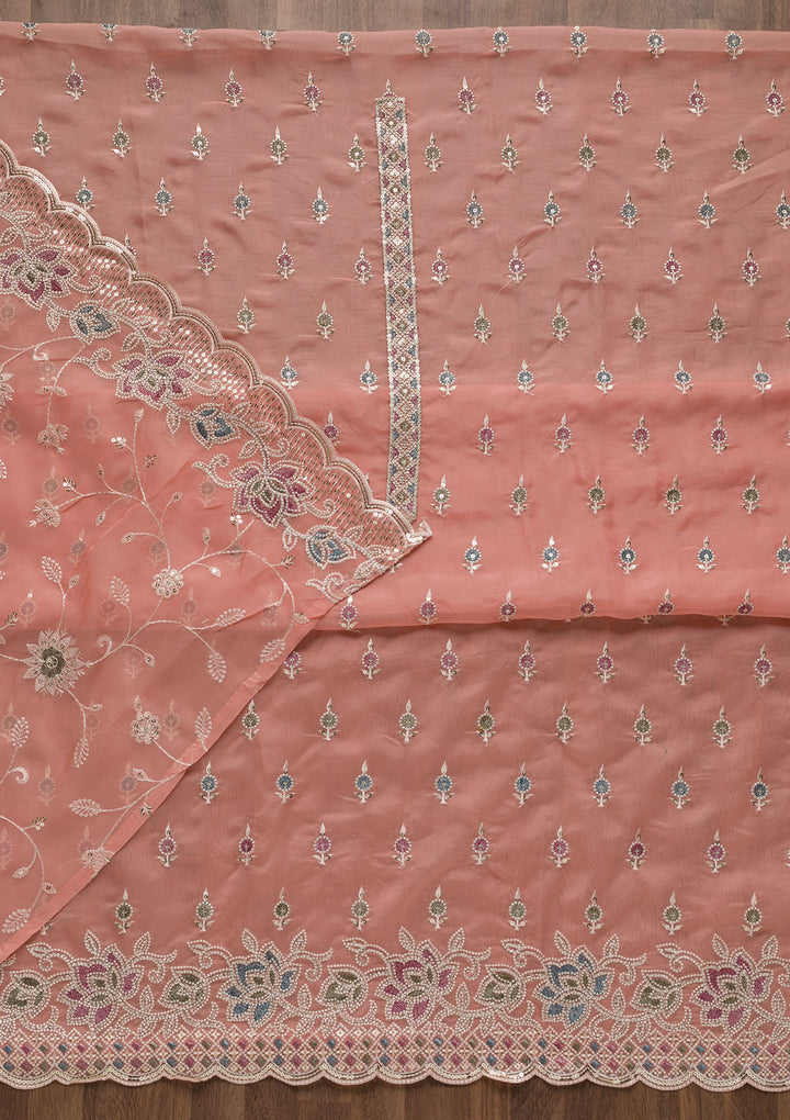 Peach Threadwork Tissue Unstitched Salwar Suit