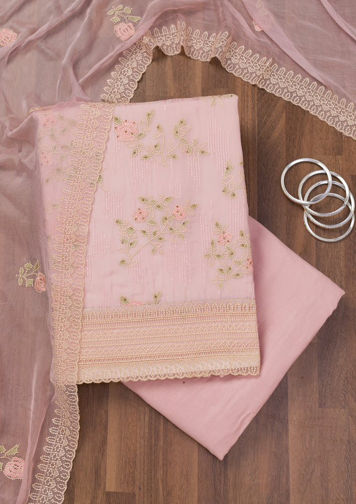Pink Threadwork Tissue Unstitched Salwar Suit