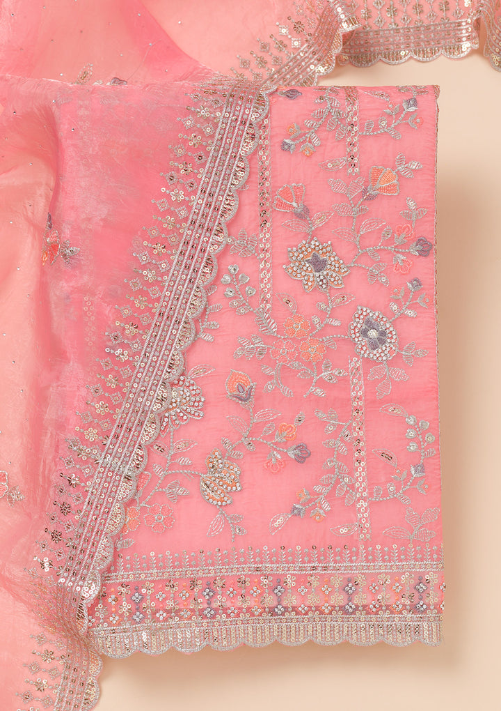Pink Zariwork Organza Unstitched Salwar Suit