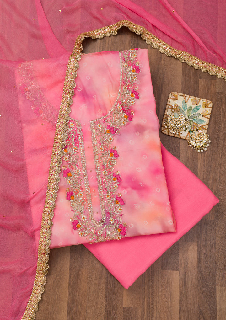 Pink Zariwork Organza Unstitched Salwar Suit