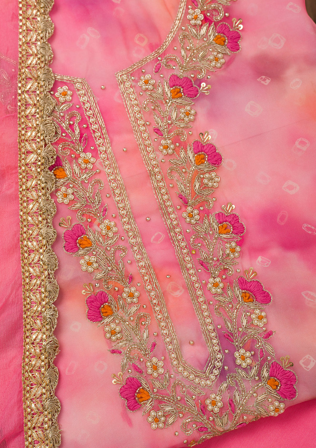 Pink Zariwork Organza Unstitched Salwar Suit