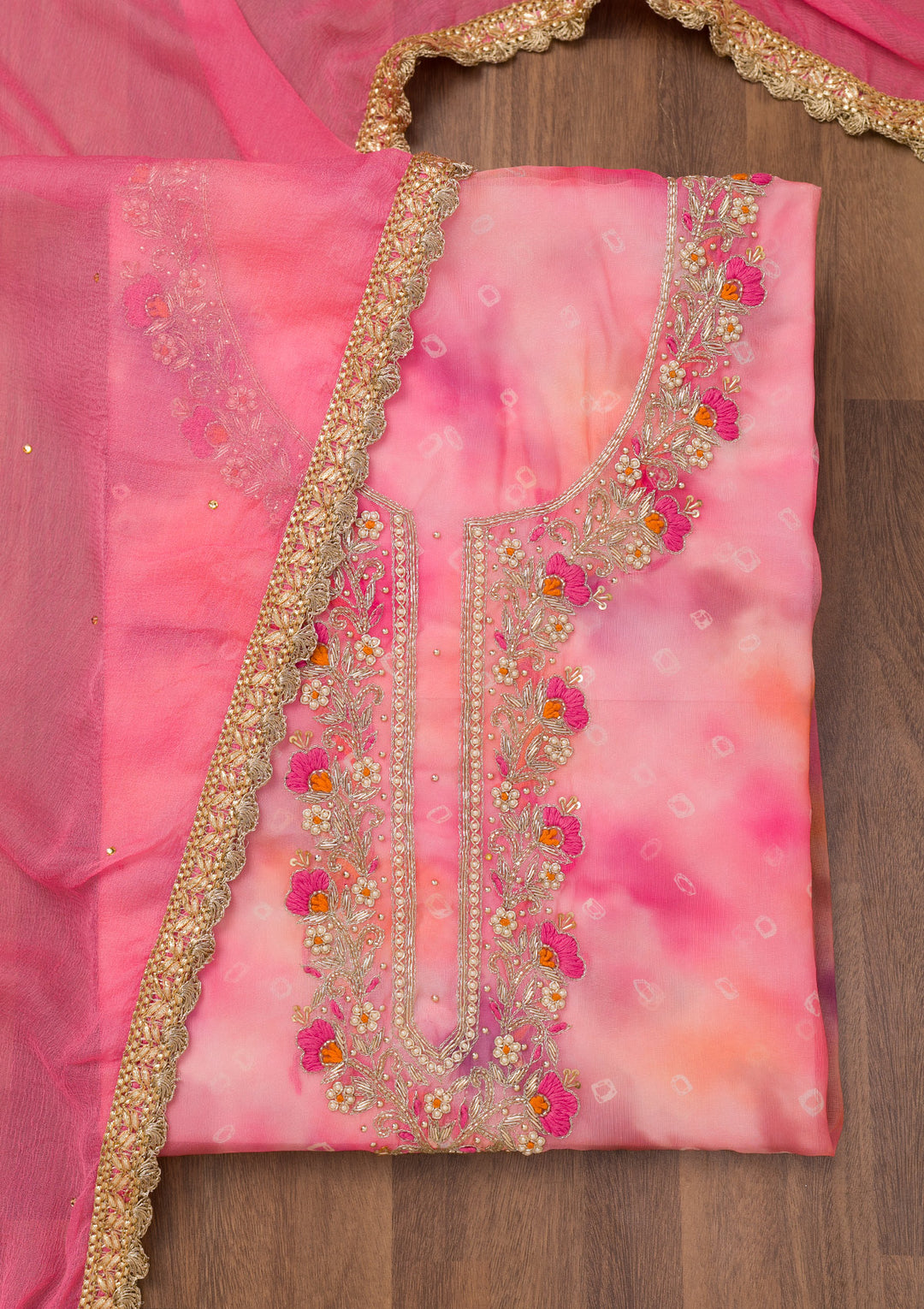 Pink Zariwork Organza Unstitched Salwar Suit