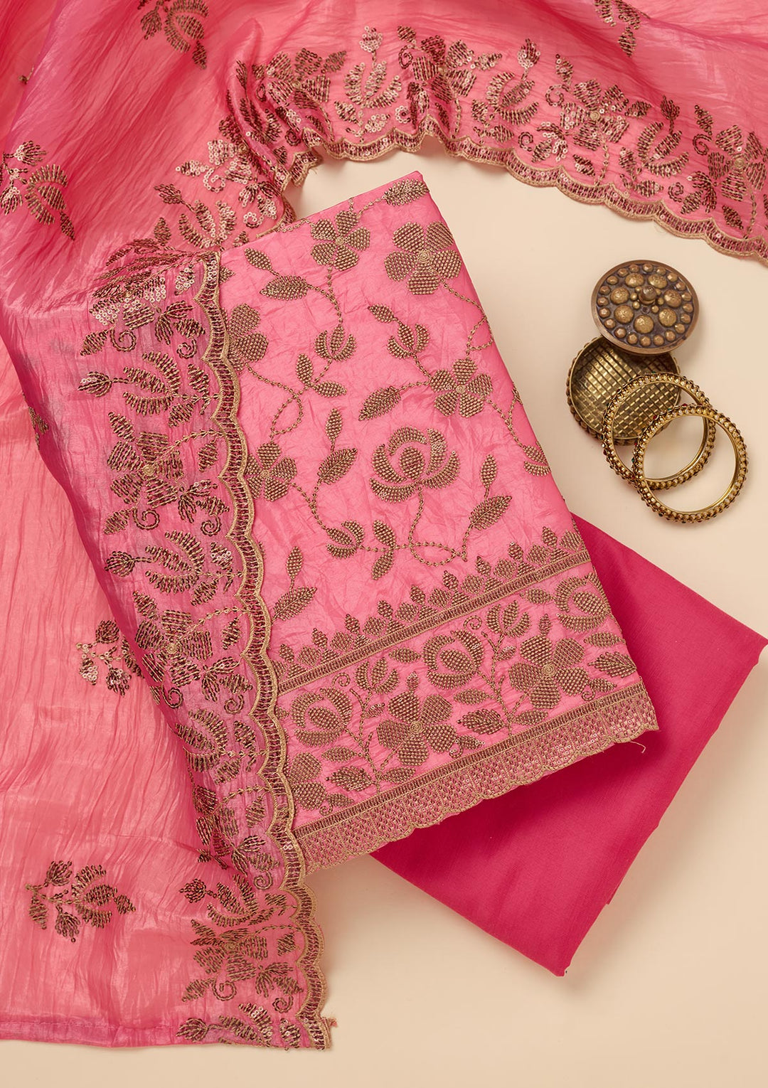 Pink Zariwork Raw Silk Unstitched Salwar Suit