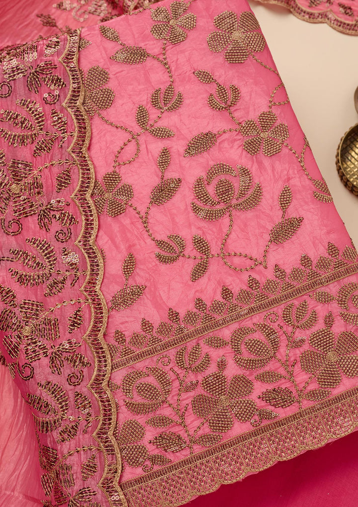 Pink Zariwork Raw Silk Unstitched Salwar Suit
