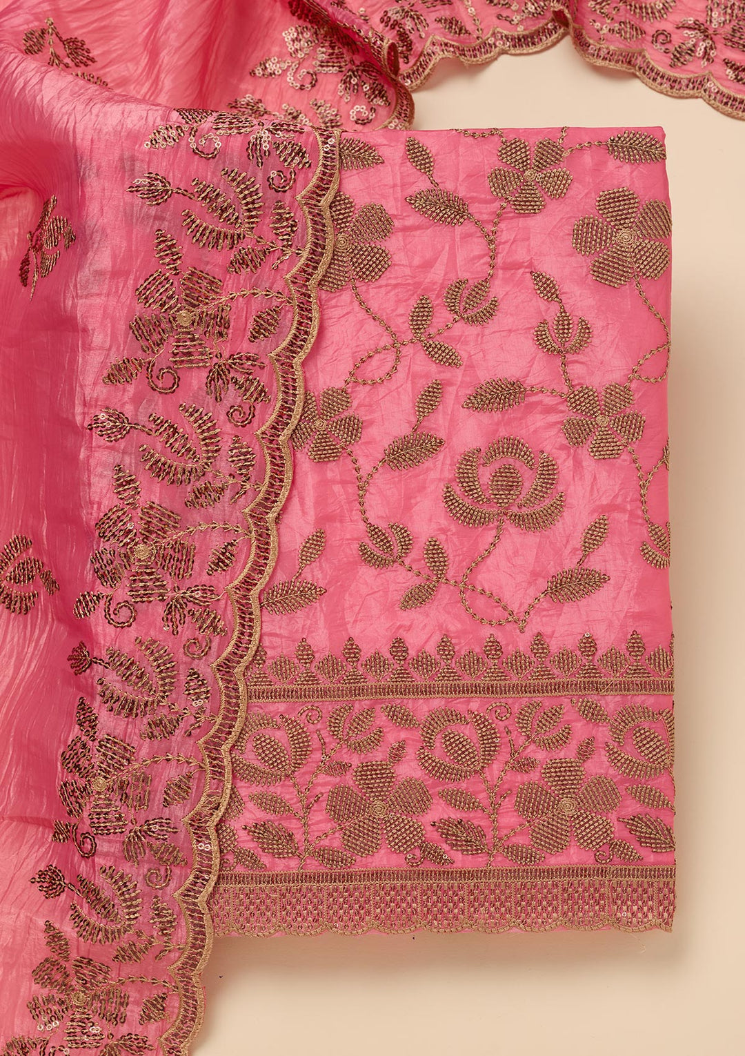 Pink Zariwork Raw Silk Unstitched Salwar Suit