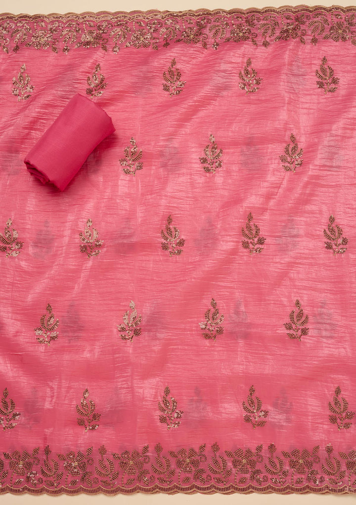 Pink Zariwork Raw Silk Unstitched Salwar Suit