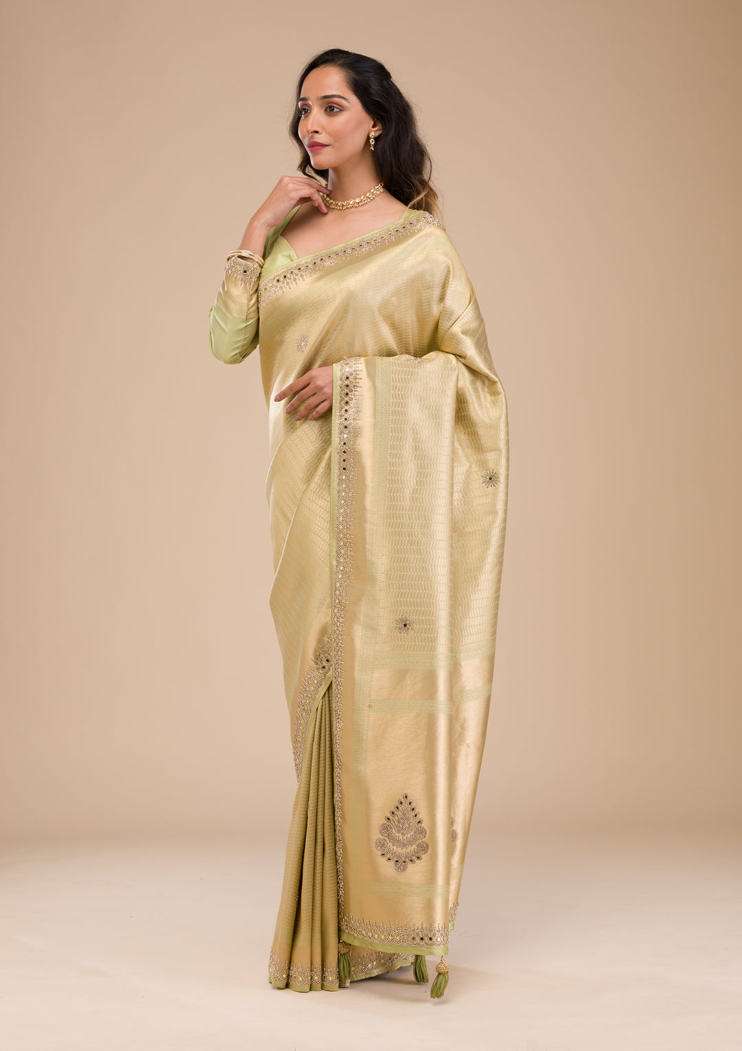 Pista Green Mirrorwork Soft Silk Saree