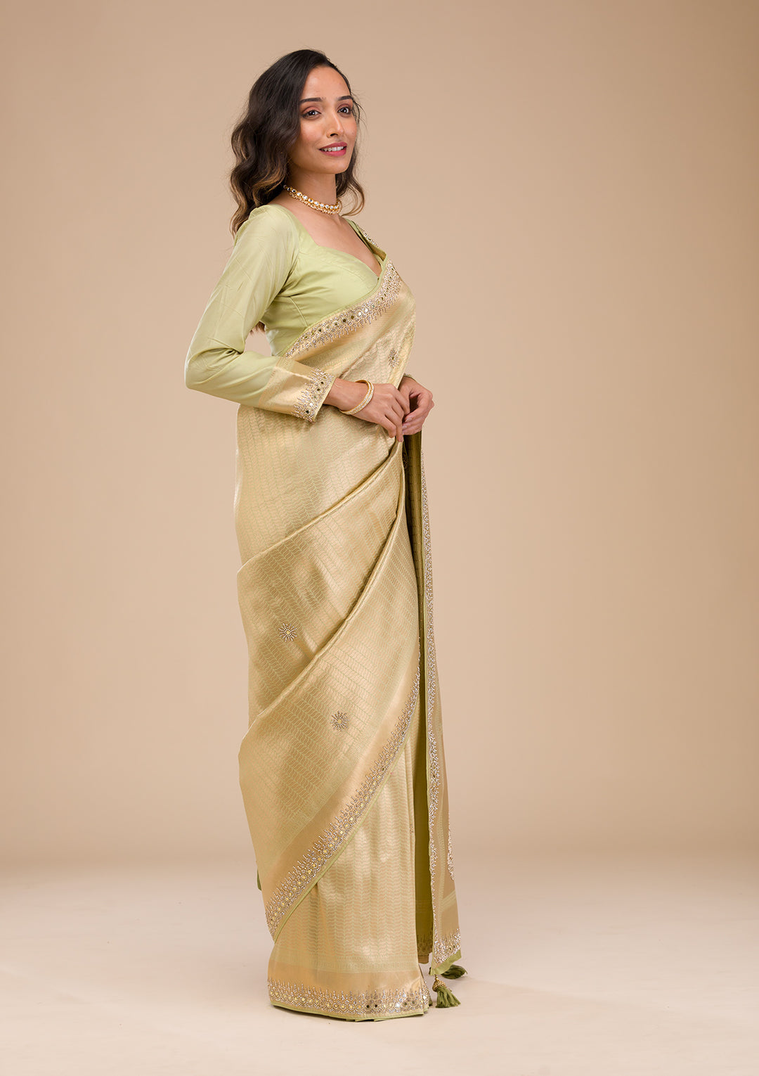 Pista Green Mirrorwork Soft Silk Saree