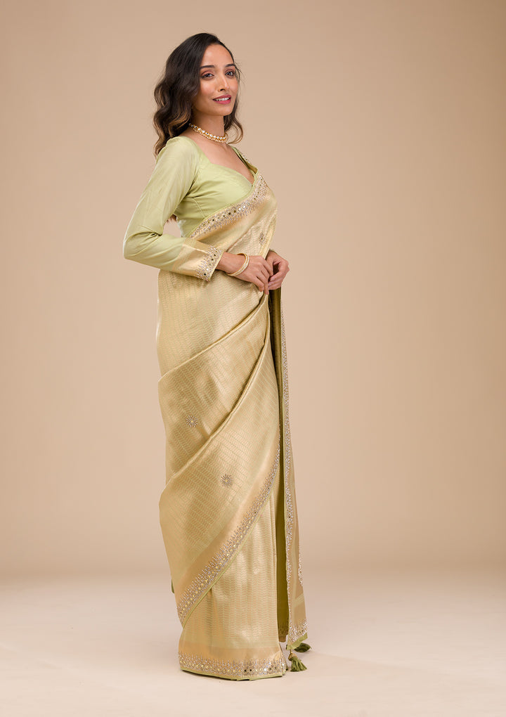 Pista Green Mirrorwork Soft Silk Saree