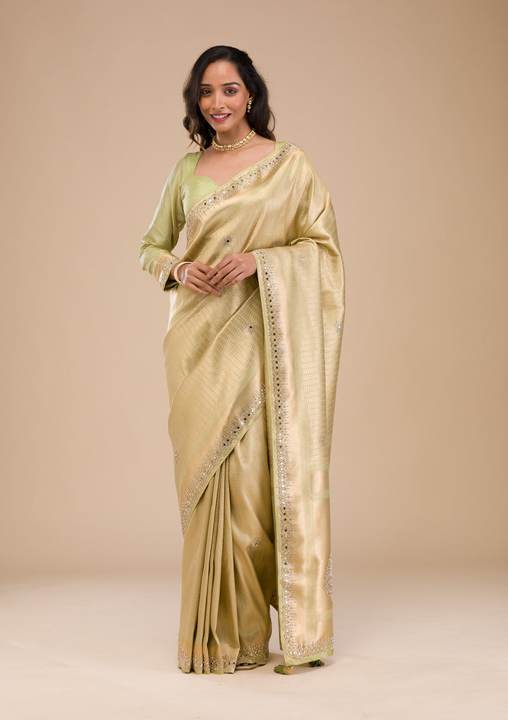 Pista Green Mirrorwork Soft Silk Saree
