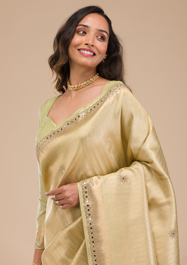 Pista Green Mirrorwork Soft Silk Saree