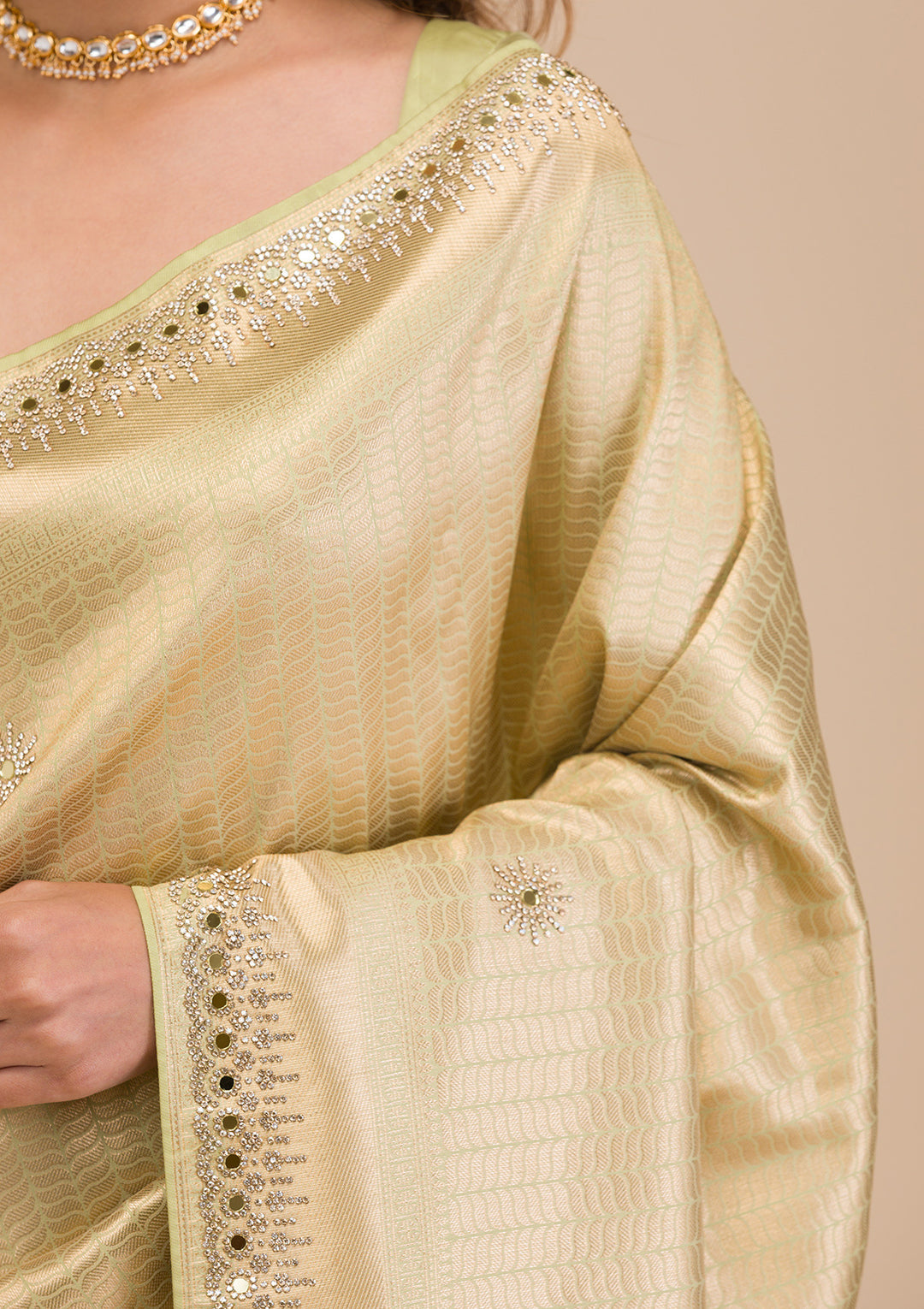 Pista Green Mirrorwork Soft Silk Saree