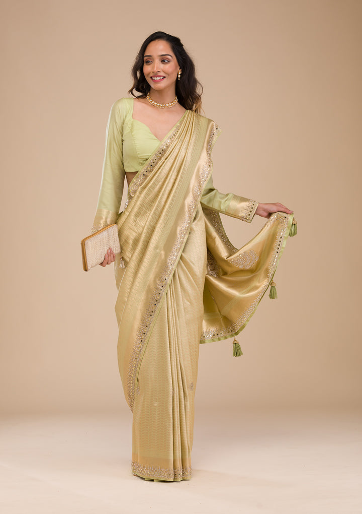 Pista Green Mirrorwork Soft Silk Saree
