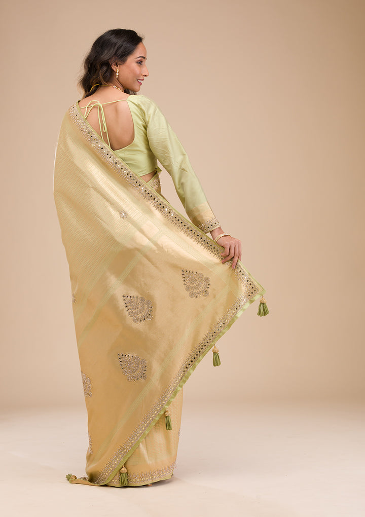 Pista Green Mirrorwork Soft Silk Saree